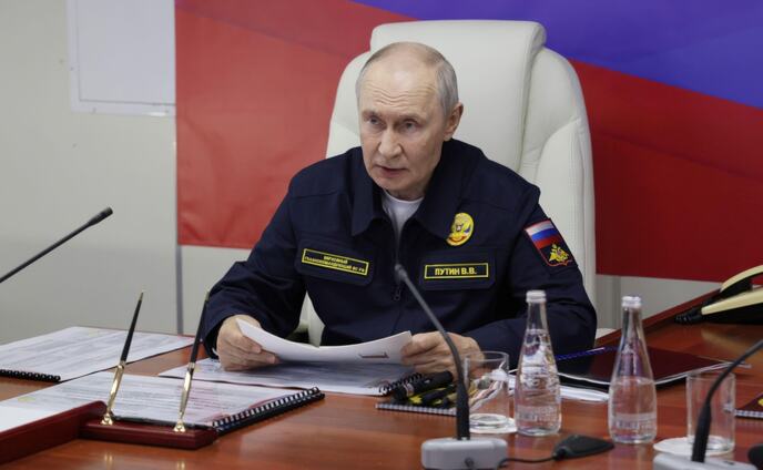 Korsakov, Russia. 12th Aug, 2026. Russian President Vladimir Putin, delivers remarks during a briefing aboard the Russian Navy Slava-class missile cruiser RF Varyag, August 12, 2026 in Korsakov, Sakhalin Oblast, Russia