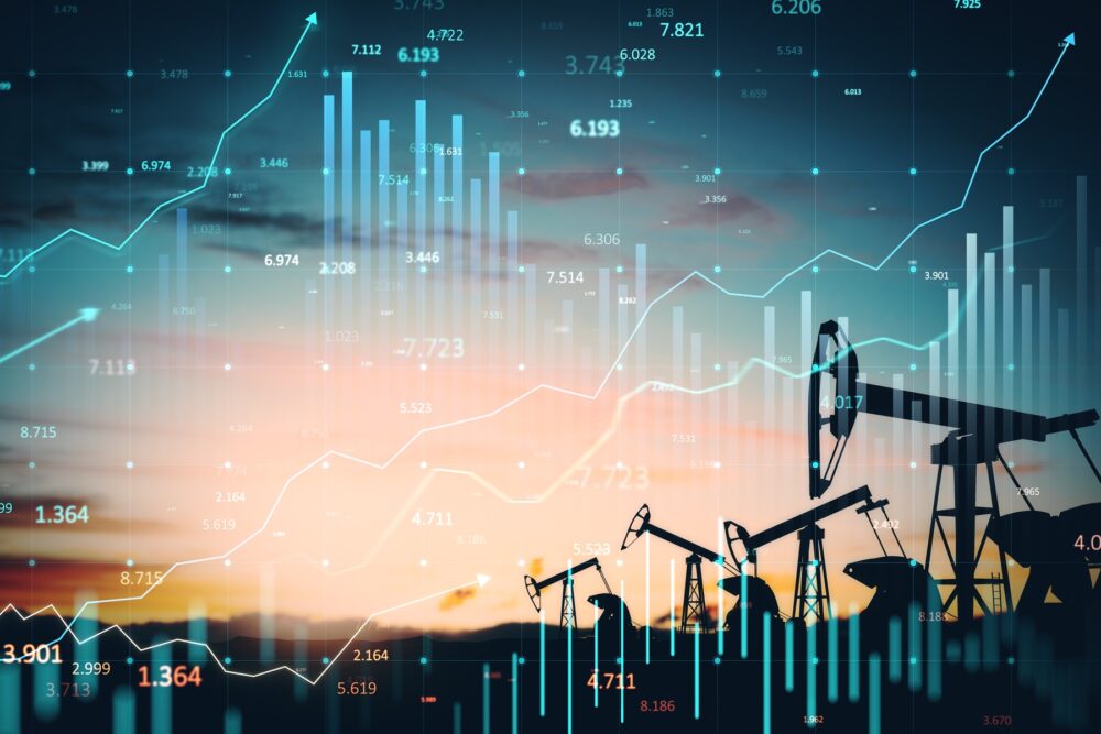 Double,Exposure,Of,Oil,Pump,Jacks,And,Stock,Market,Graphs